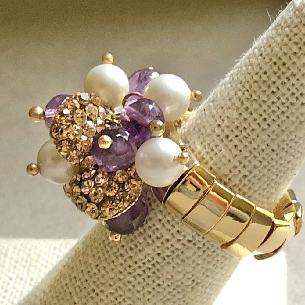 Unique Gold Dangle Ring With Amethyst Charms - image 2